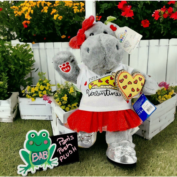Build A Bear Valentine Hippo Plush Red Heart Ears & Pizza Clothes NEW