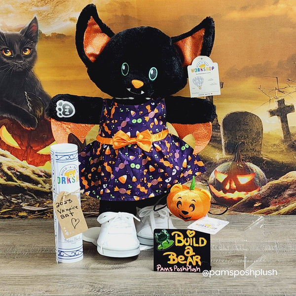 Build A Bear Vampire Bat Plush Halloween 2023 Dress Clothes w Pumpkin Wristie